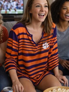 Emerson Street Clemson Tigers Collegiate Striped Paw Orange Purple Tunic Blouse